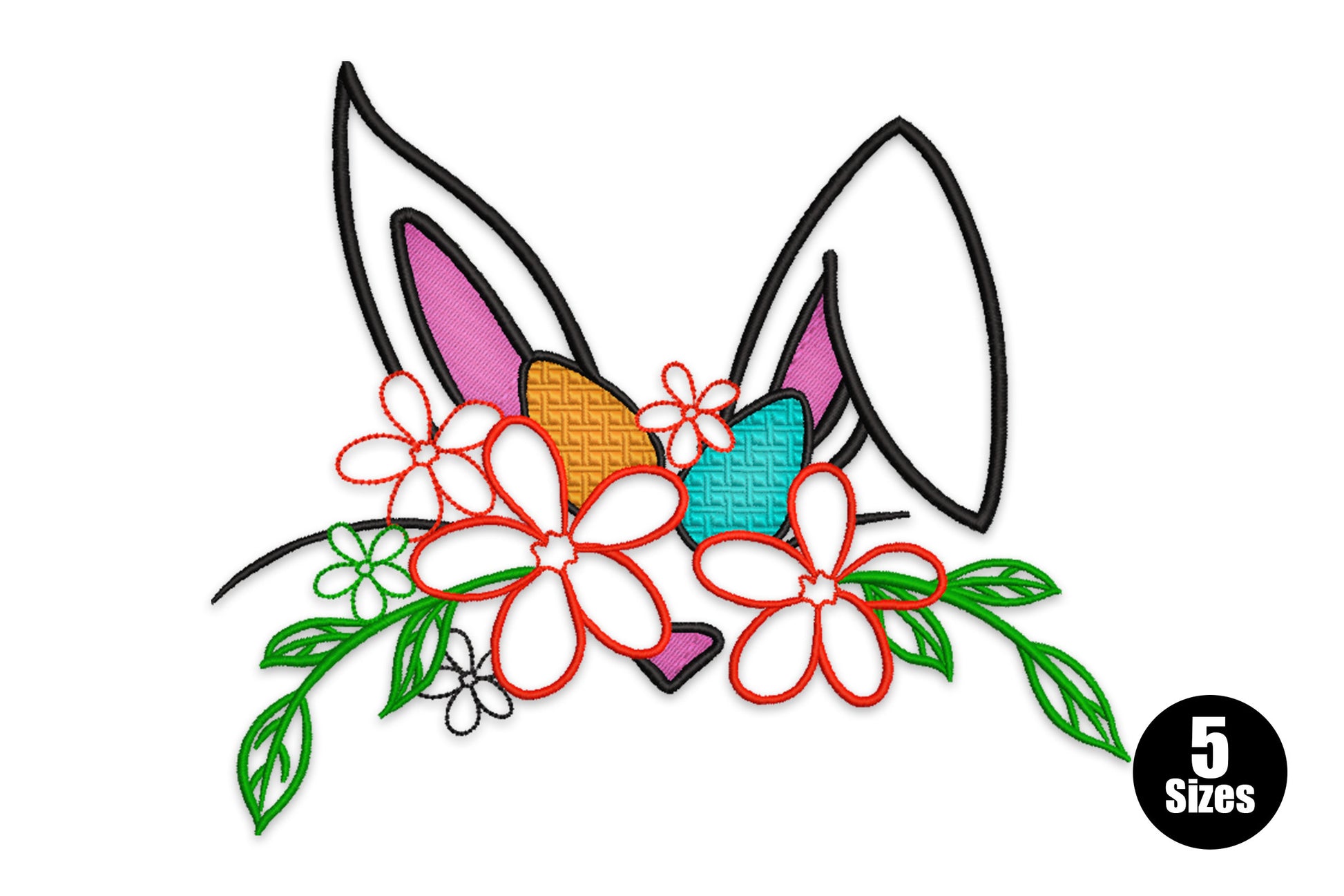 Floral bunny ears embroidery design, pastel flowers on rabbit ear shapes in 6 thread colours, Easter embroidery pattern