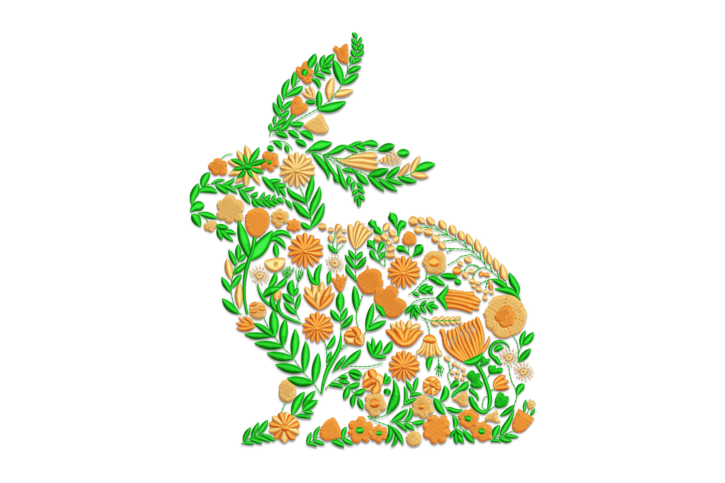 Floral bunny embroidery design, full silhouette filled with orange blooms and green foliage, 3 colours, Easter pattern.