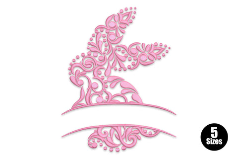 Floral bunny monogram frame embroidery design made from intricate pink scrollwork florals with a split monogram arc at the base.