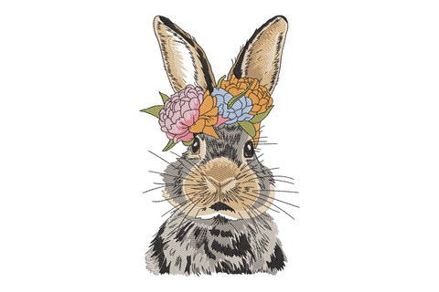 Floral bunny portrait embroidery design with cream bunny face framed by dusty rose flowers and sage stems.