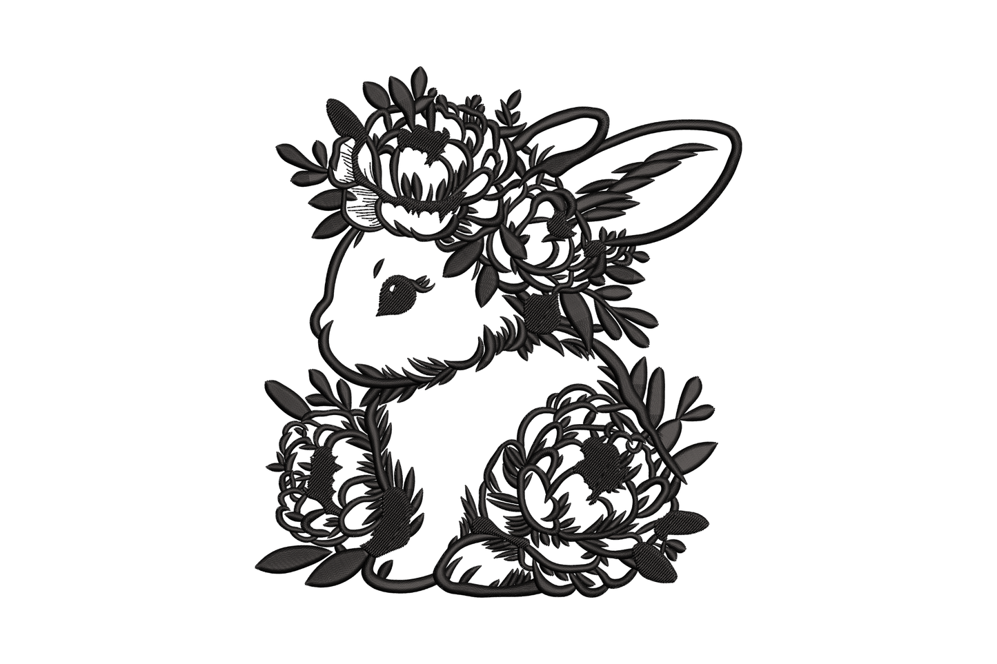 Floral bunny silhouette embroidery design - rabbit filled with peony blooms in black thread, 4 sizes from 4.5 to 7.5 inches