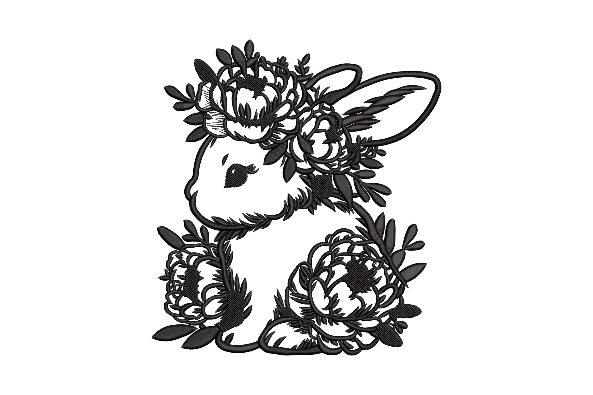 Floral bunny silhouette embroidery design - rabbit filled with peony blooms in black thread, 4 sizes from 4.5 to 7.5 inches