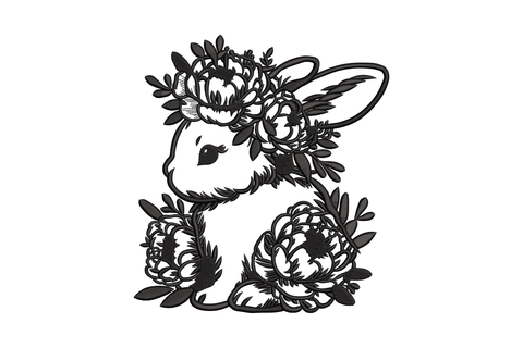 Floral bunny silhouette embroidery design - rabbit filled with peony blooms in black thread, 4 sizes from 4.5 to 7.5 inches