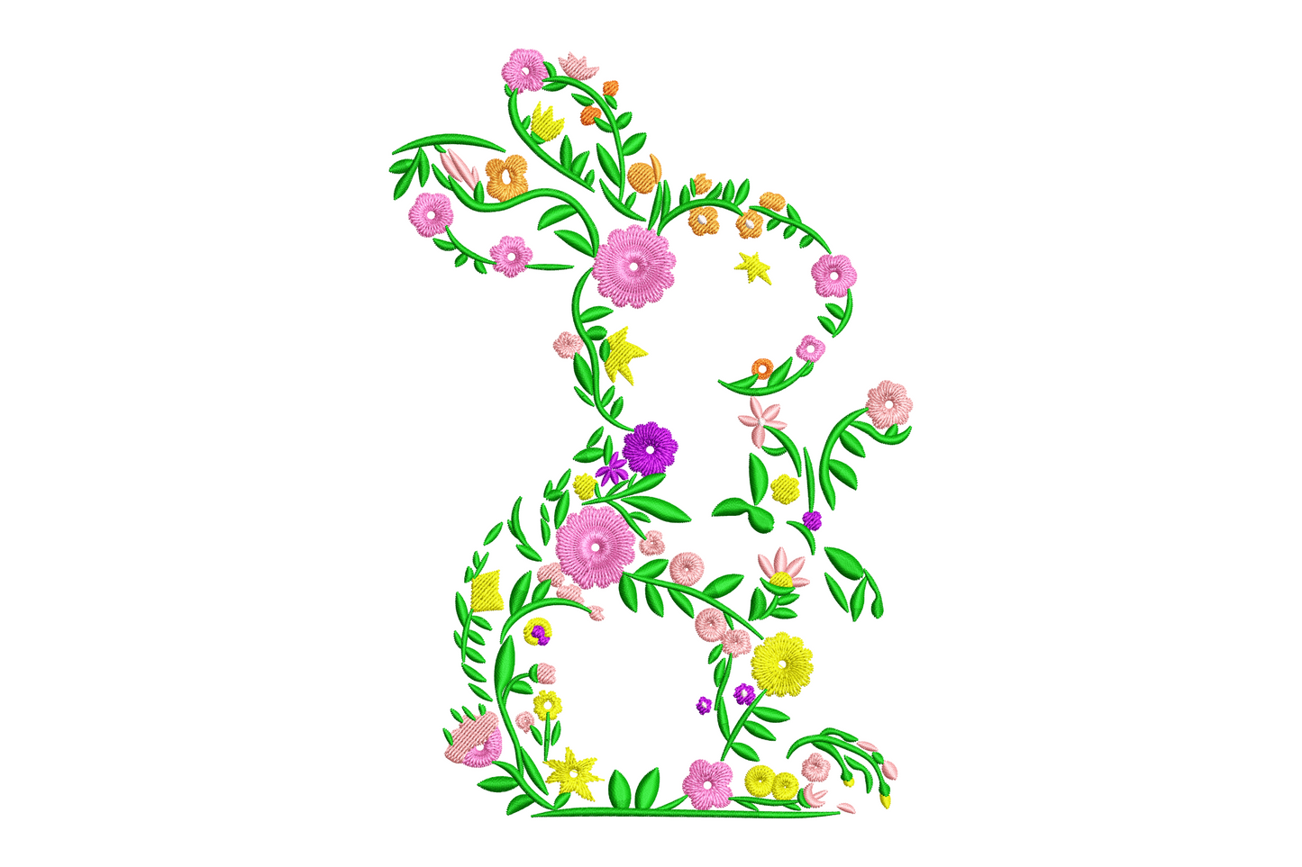 Floral bunny silhouette machine embroidery design, sitting rabbit filled with botanical blooms in pink, lavender and cream, eight colours on white background.