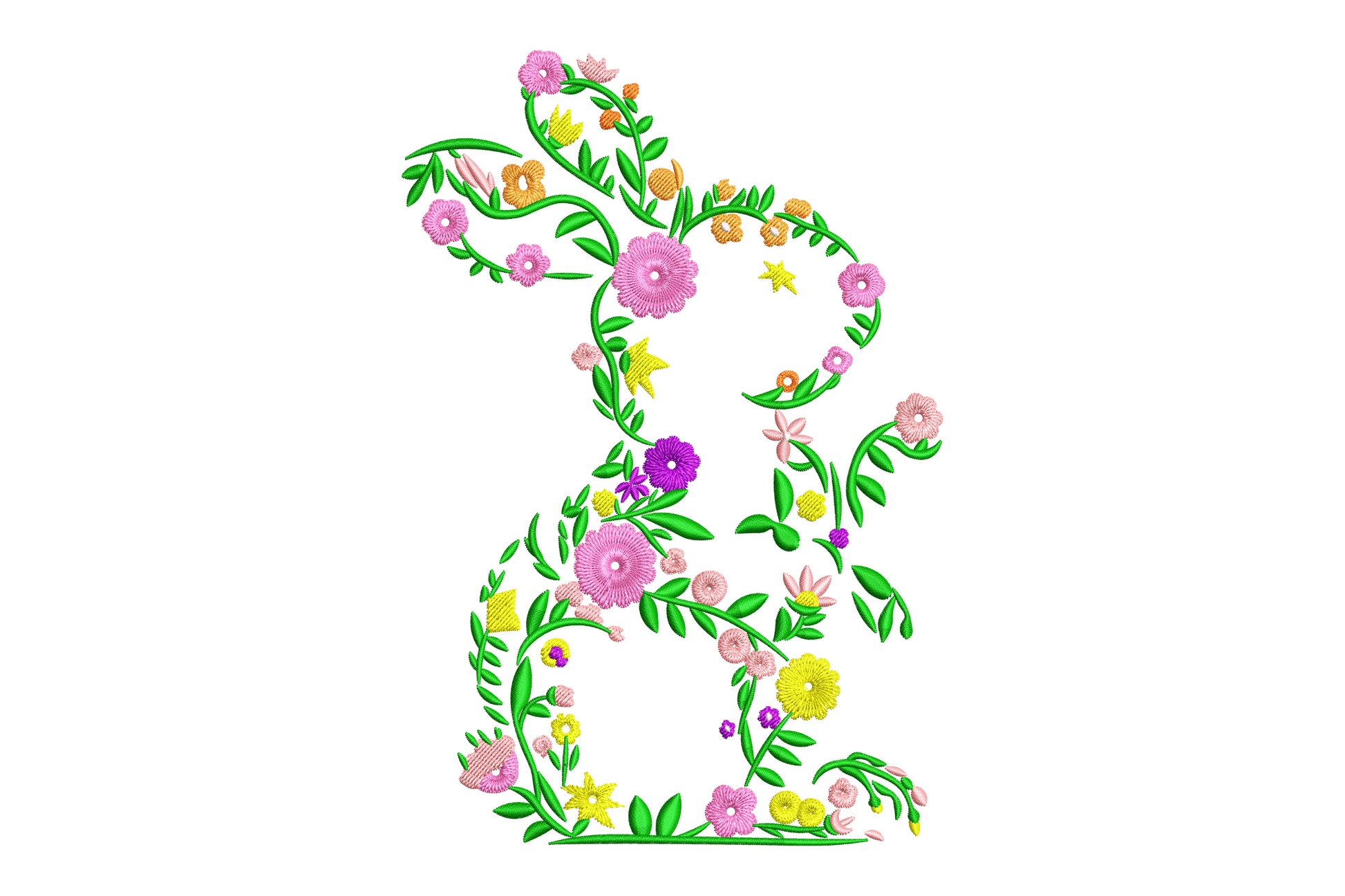 Floral bunny silhouette machine embroidery design, sitting rabbit filled with botanical blooms in pink, lavender and cream, eight colours on white background.