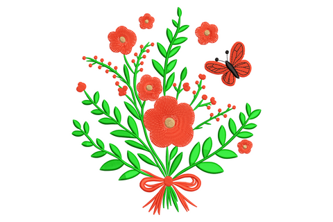 Floral butterfly bouquet embroidery design with coral-red flowers, green leaves, berry sprigs, red bow and a small butterfly.