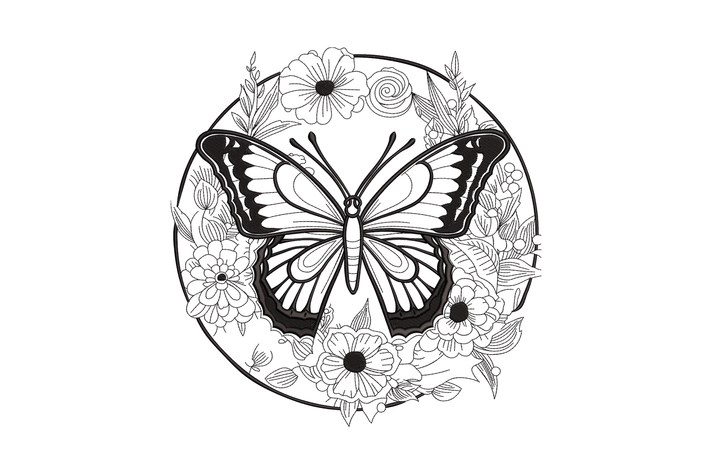 Floral butterfly circle embroidery design with swallowtail butterfly centred in a dense botanical wreath of dahlias, daisies and spiral roses, black on white.