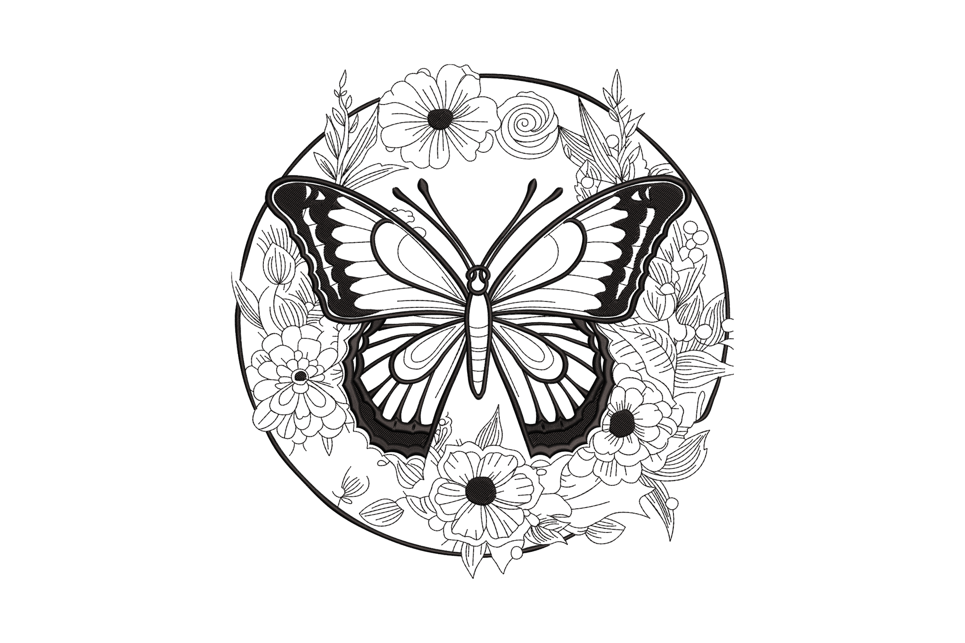 Floral butterfly circle embroidery design with swallowtail butterfly centred in a dense botanical wreath of dahlias, daisies and spiral roses, black on white.