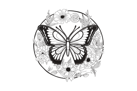 Floral butterfly circle embroidery design with swallowtail butterfly centred in a dense botanical wreath of dahlias, daisies and spiral roses, black on white.