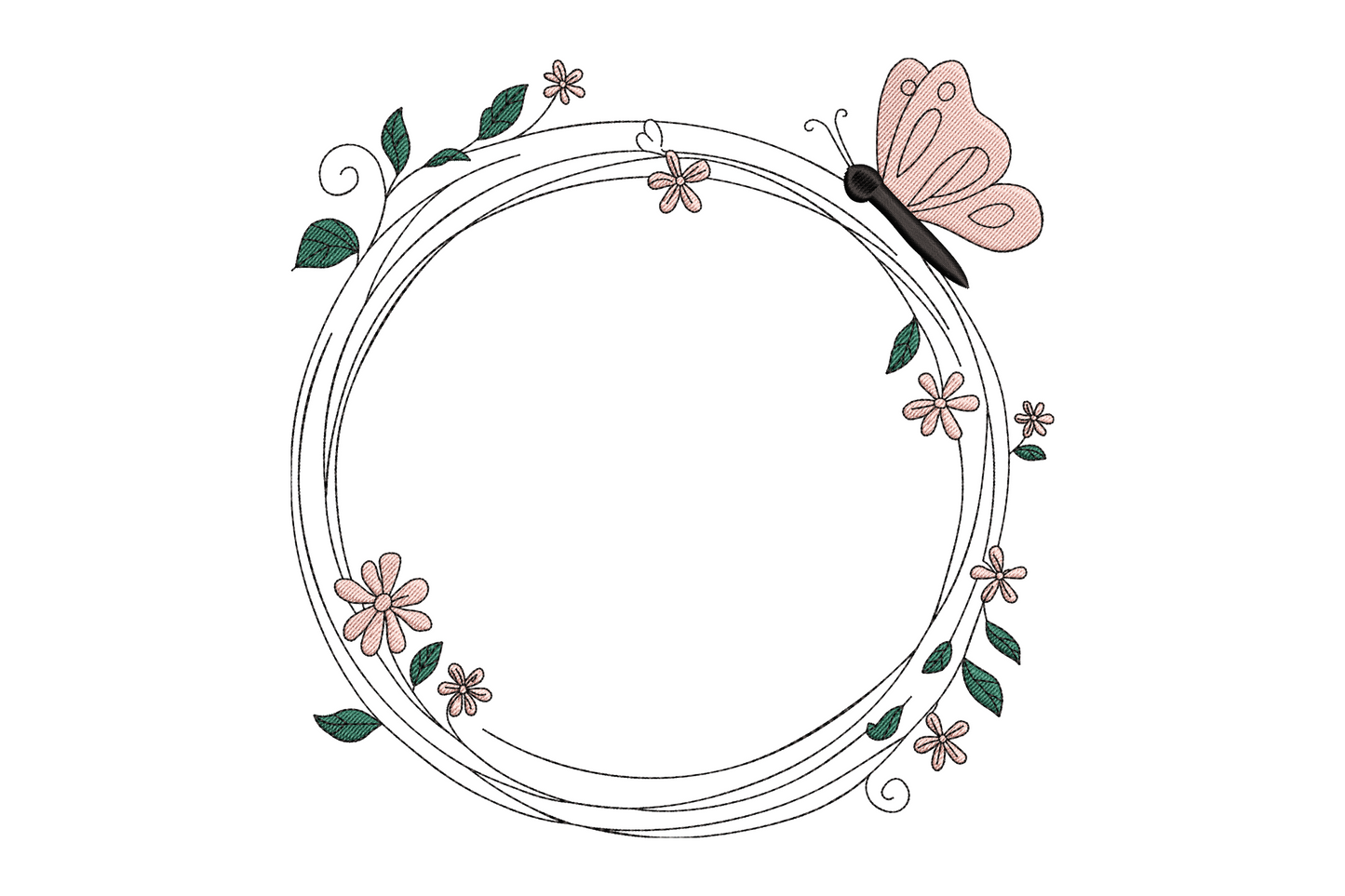 Floral butterfly circle frame embroidery, three concentric rings with pink flowers, green leaves and a dusty pink butterfly at top right.