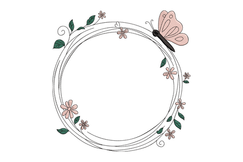 Floral butterfly circle frame embroidery, three concentric rings with pink flowers, green leaves and a dusty pink butterfly at top right.