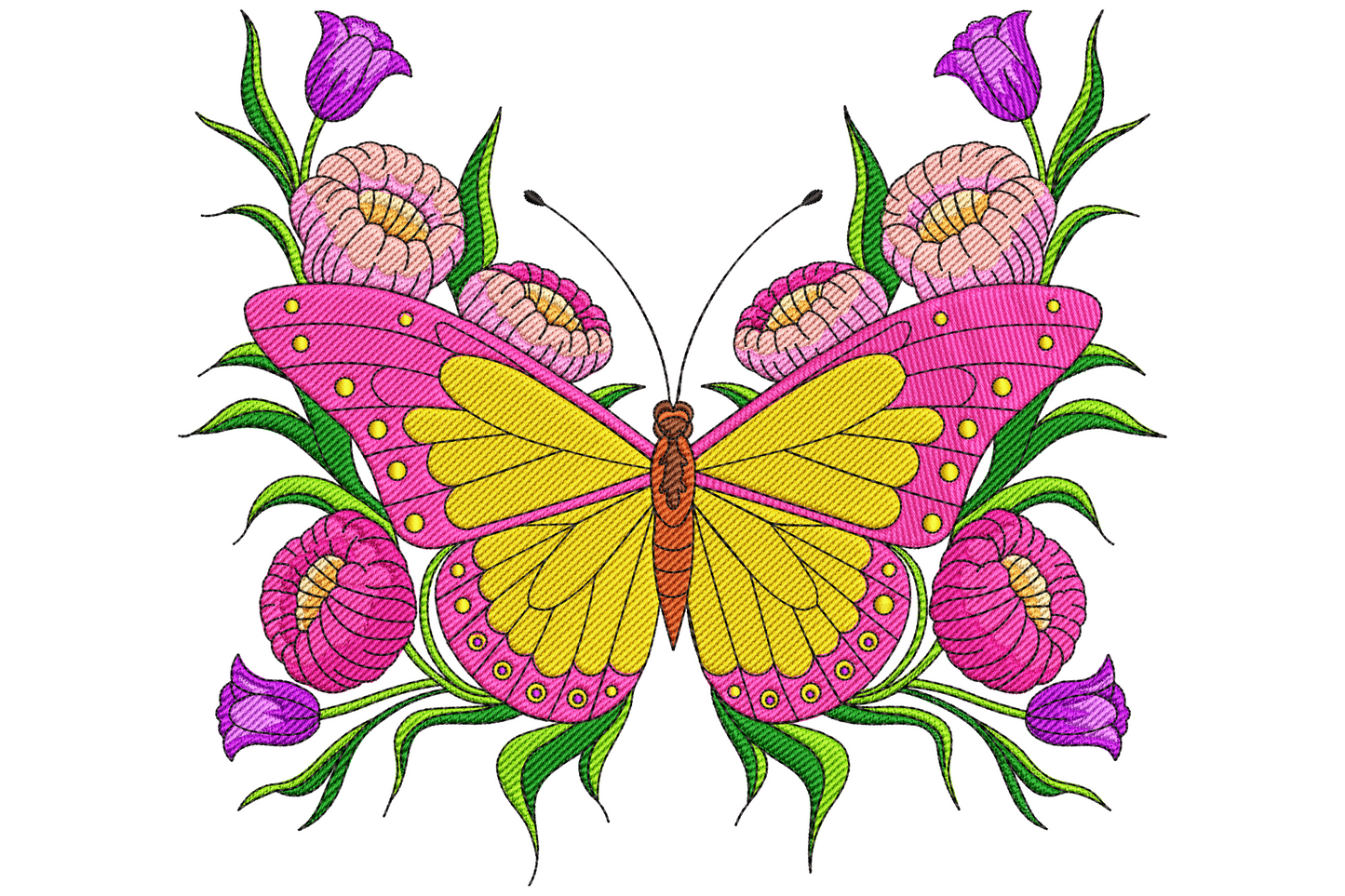 Floral butterfly embroidery design with hot pink and yellow wings spread wide between two stems of pale pink blooms and purple buds.