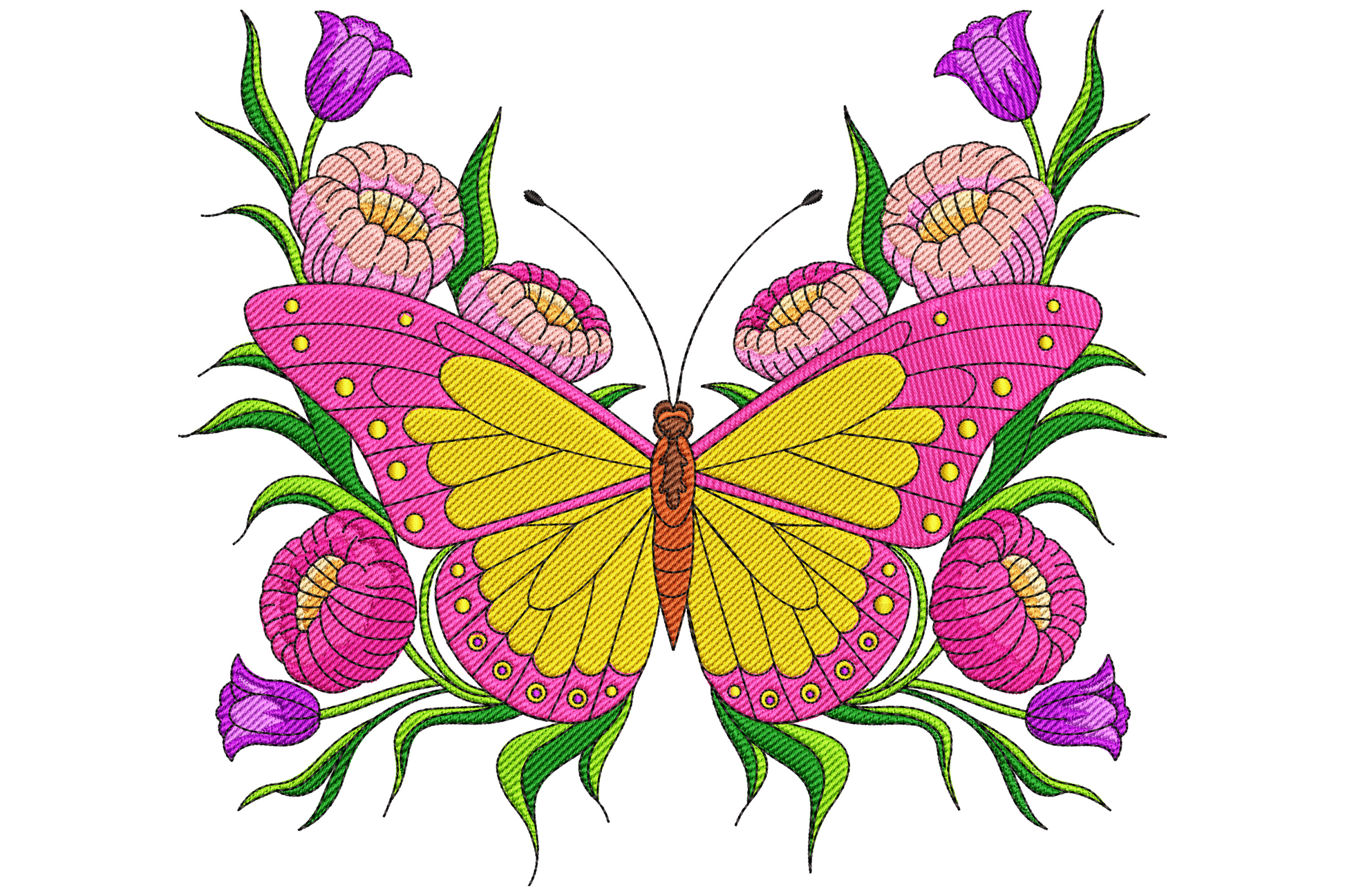 Floral butterfly embroidery design with hot pink and yellow wings spread wide between two stems of pale pink blooms and purple buds.
