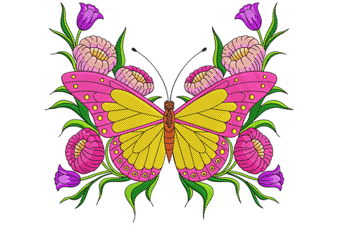 Floral butterfly embroidery design with hot pink and yellow wings spread wide between two stems of pale pink blooms and purple buds.