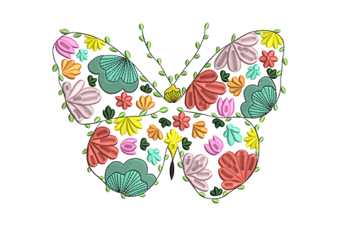 Floral butterfly garden embroidery, pastel pink turquoise yellow red blooms filling butterfly wings, black outline.