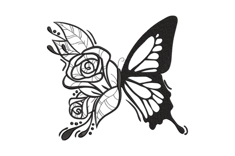 Floral butterfly line art embroidery - split wing design with rose scroll left side and bold filled right wing in black, 5 sizes