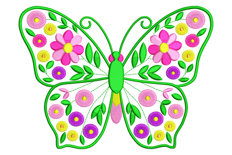 Floral butterfly embroidery with pink, purple and yellow flowers filling all four wings, dark green satin borders and pale pink body.