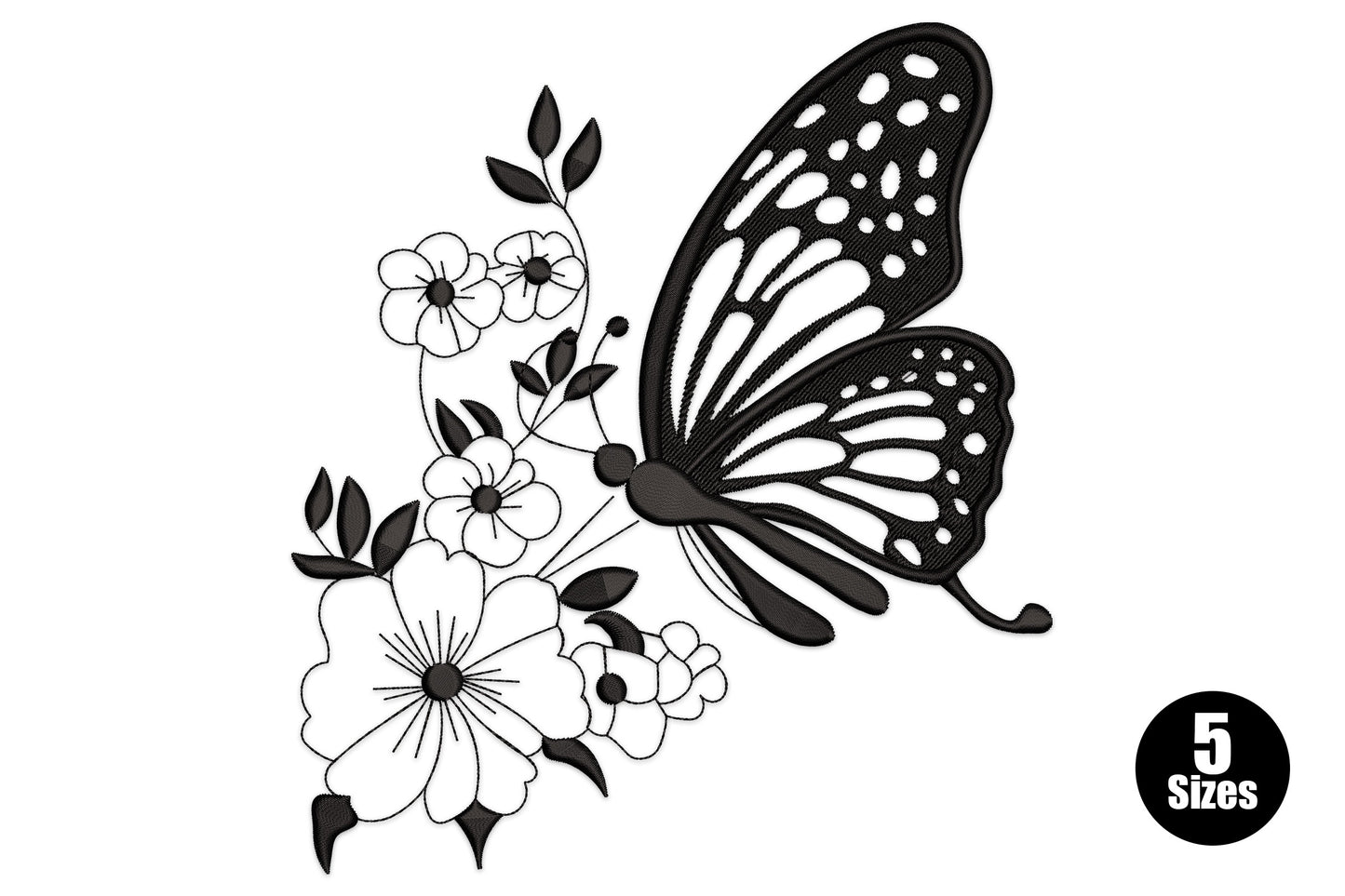 Floral butterfly embroidery in black, monarch-style filled wings with pierced veins sat on a small outline flower spray.