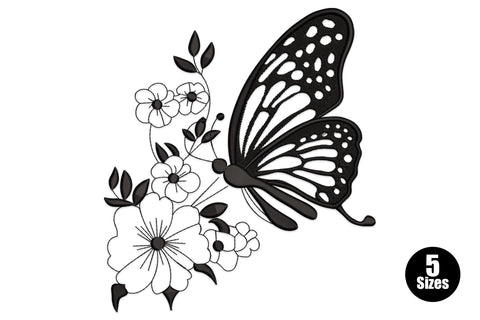Floral butterfly embroidery in black, monarch-style filled wings with pierced veins sat on a small outline flower spray.