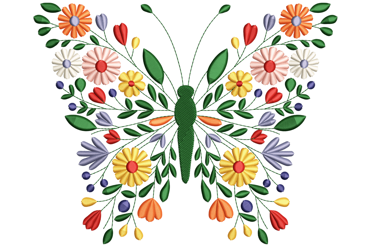 Floral butterfly embroidery design with wings made from orange, yellow and pink individual flowers and forest green leaves, folk art style.