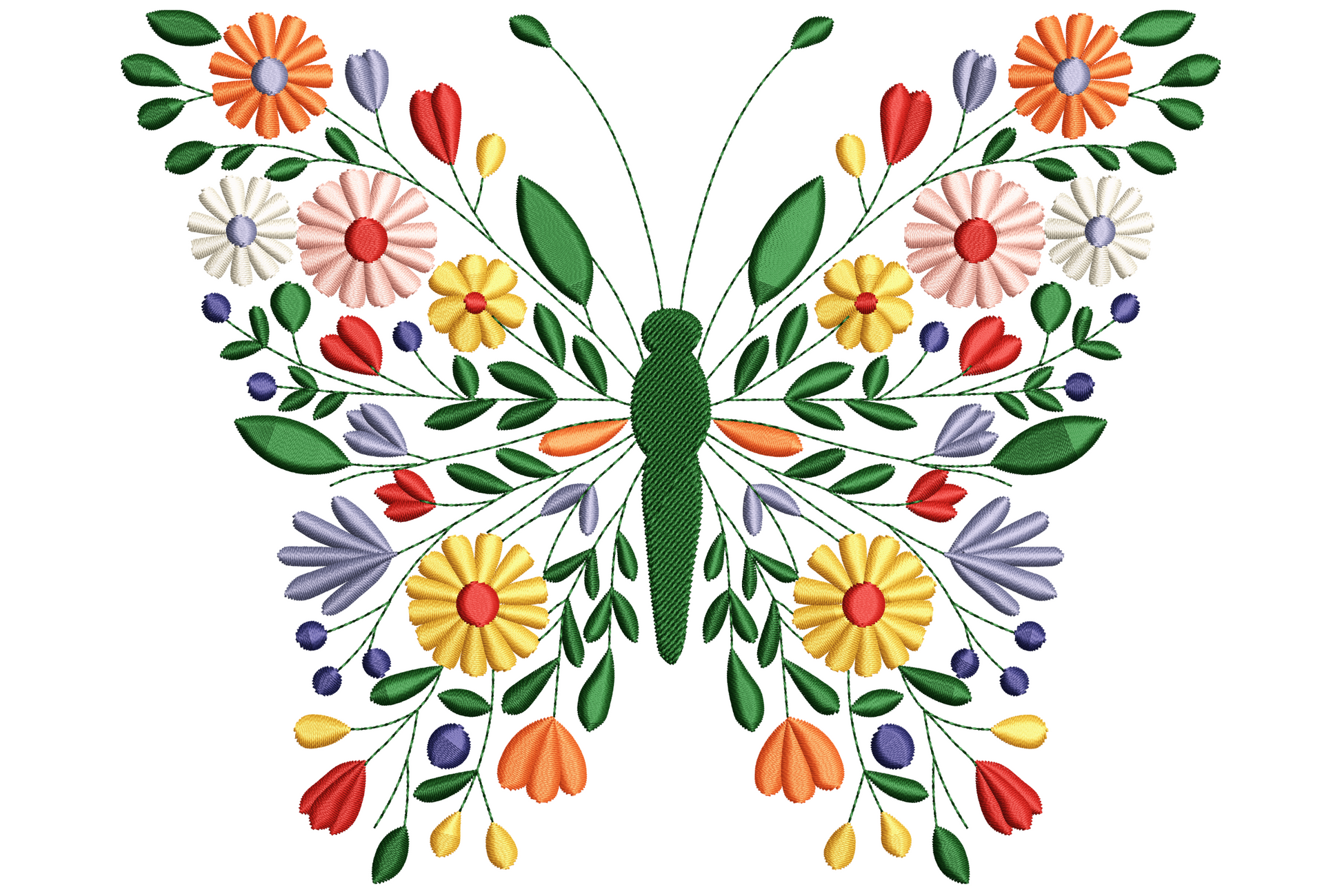Floral butterfly embroidery design with wings made from orange, yellow and pink individual flowers and forest green leaves, folk art style.
