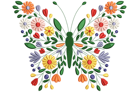 Floral butterfly embroidery design with wings made from orange, yellow and pink individual flowers and forest green leaves, folk art style.