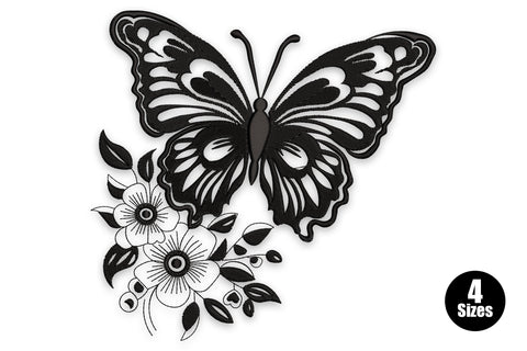 Floral butterfly silhouette machine embroidery design with detailed botanical leaves and petals filling the wing shapes in single colour thread, intricate nature-inspired pattern