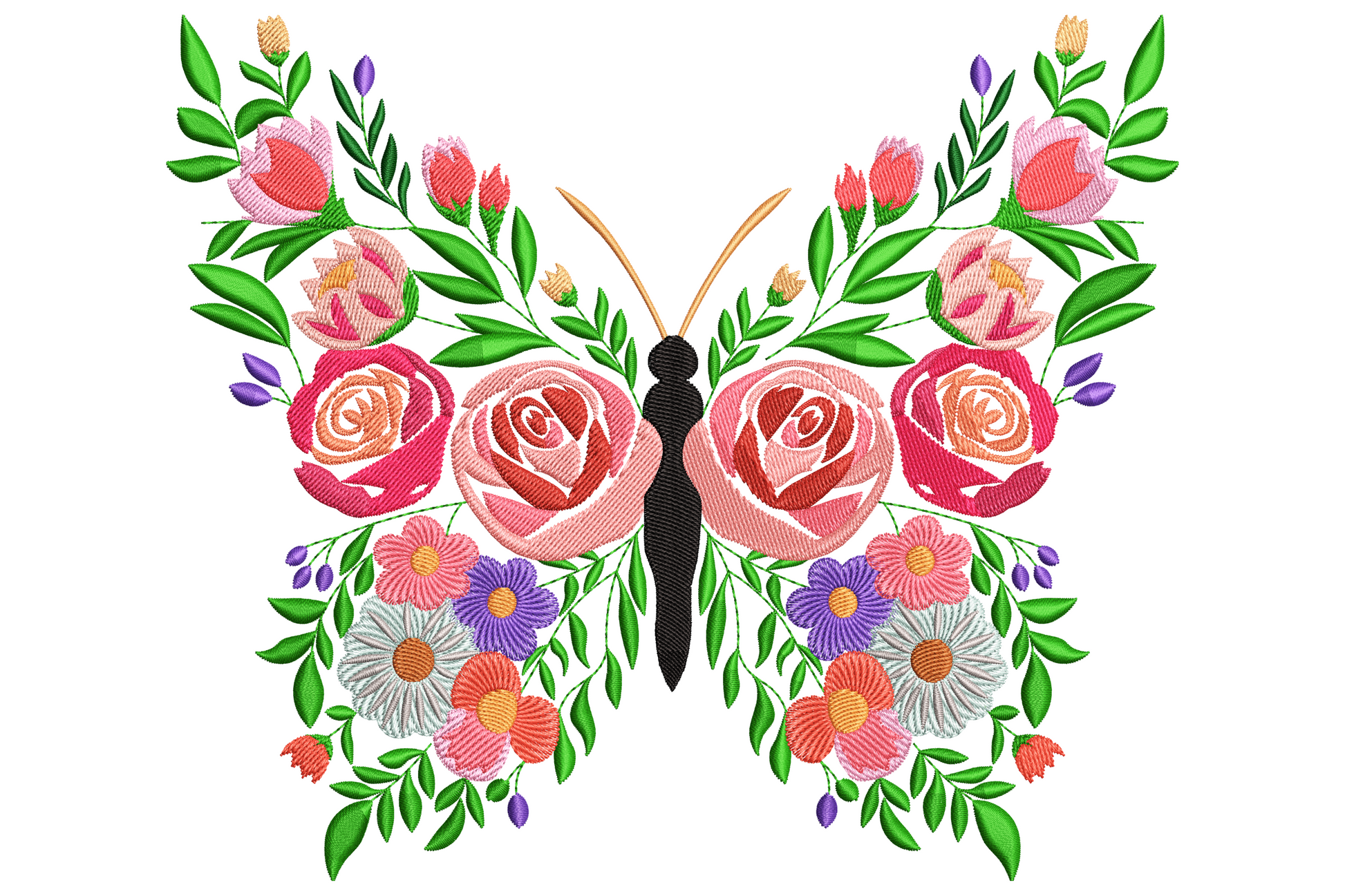 Butterfly silhouette wings filled with coral roses, blush daisies and lavender wildflowers around a slim teal body.