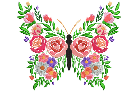 Butterfly silhouette wings filled with coral roses, blush daisies and lavender wildflowers around a slim teal body.