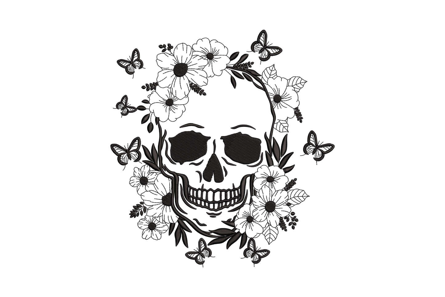 Floral butterfly skull embroidery design, butterfly dominant with skull centre face and flower wreath wings, dense black machine embroidery pattern for aprons and totes.