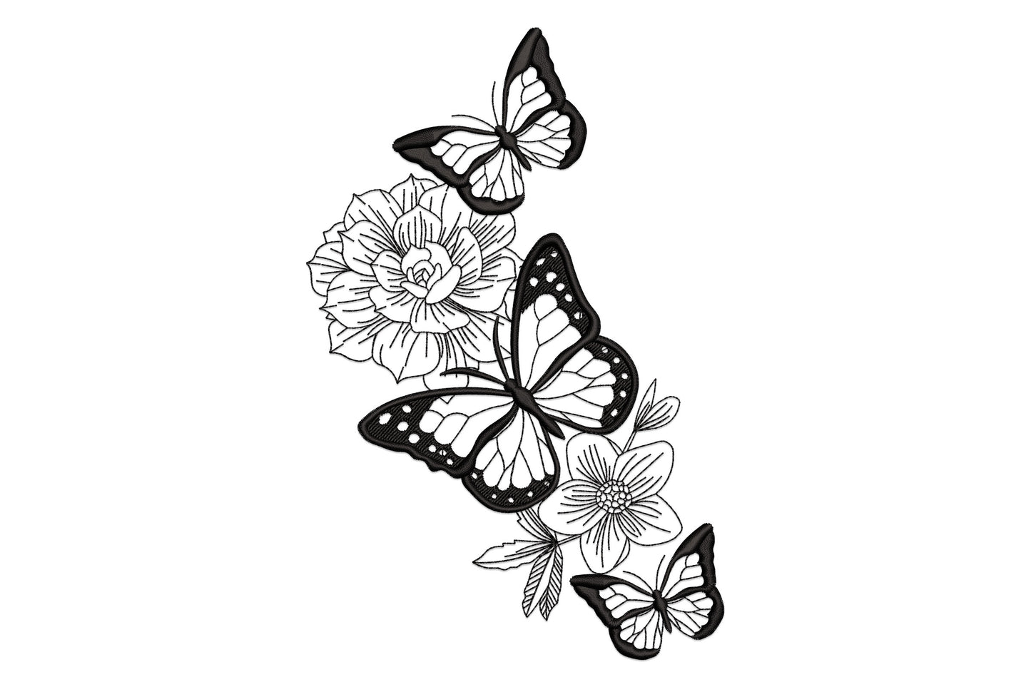 Floral butterfly vertical embroidery design with three stacked monarchs and a large peony plus open blossoms, single colour satin and outline mix.