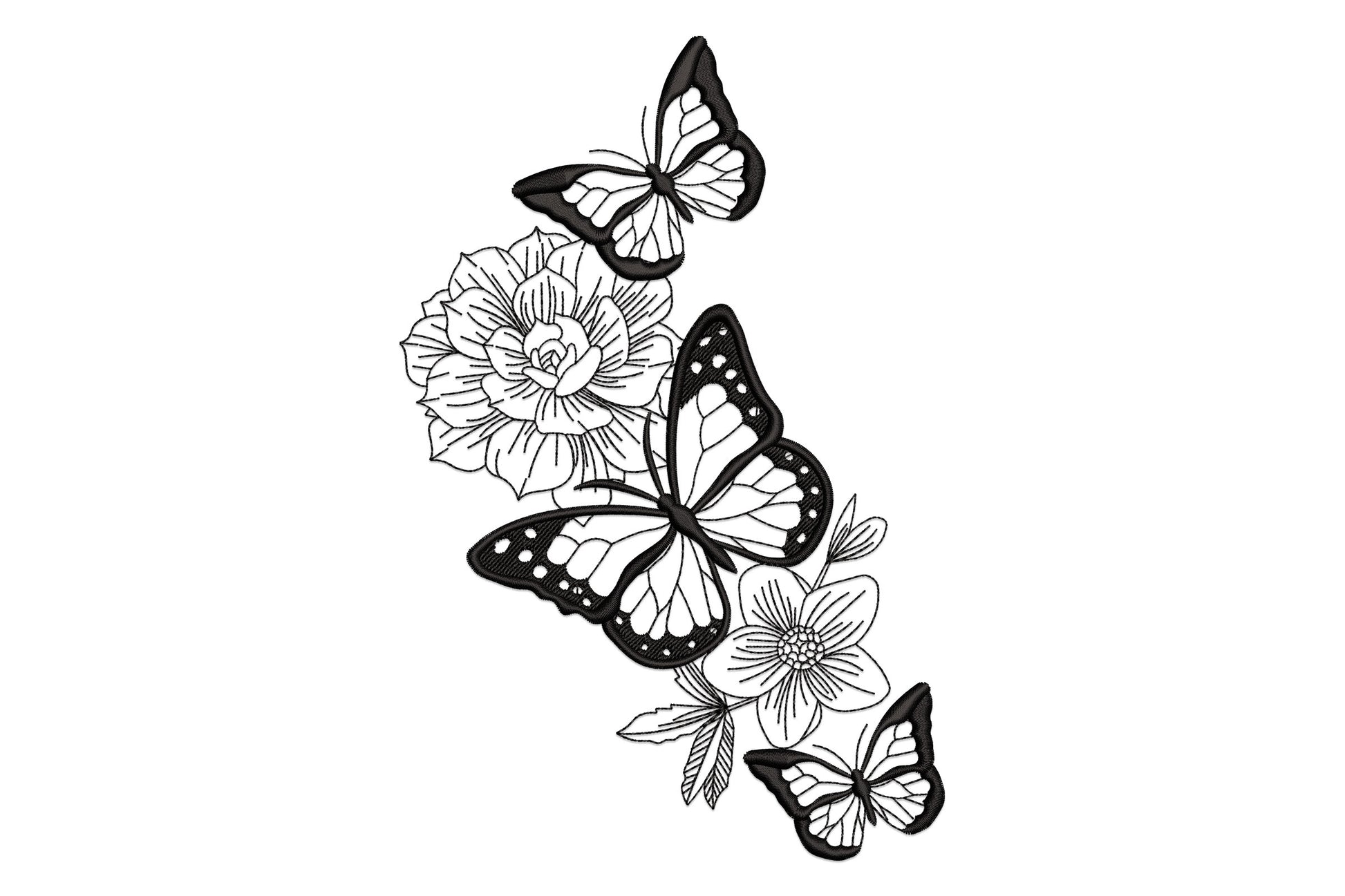 Floral butterfly vertical embroidery design with three stacked monarchs and a large peony plus open blossoms, single colour satin and outline mix.