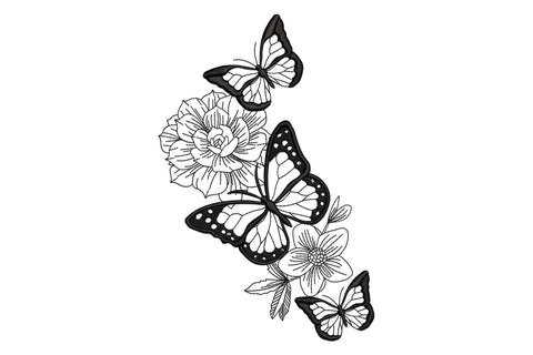 Floral butterfly vertical embroidery design with three stacked monarchs and a large peony plus open blossoms, single colour satin and outline mix.