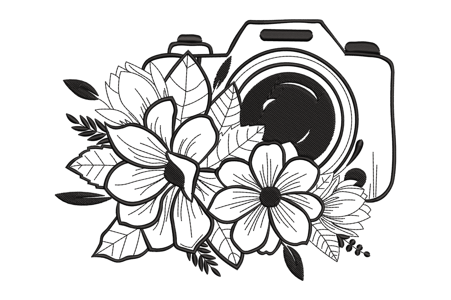 Floral camera embroidery design with DSLR camera outline and magnolia blooms cascading over the lower body in black line art