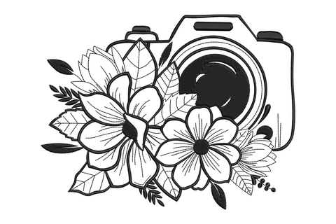 Floral camera embroidery design with DSLR camera outline and magnolia blooms cascading over the lower body in black line art