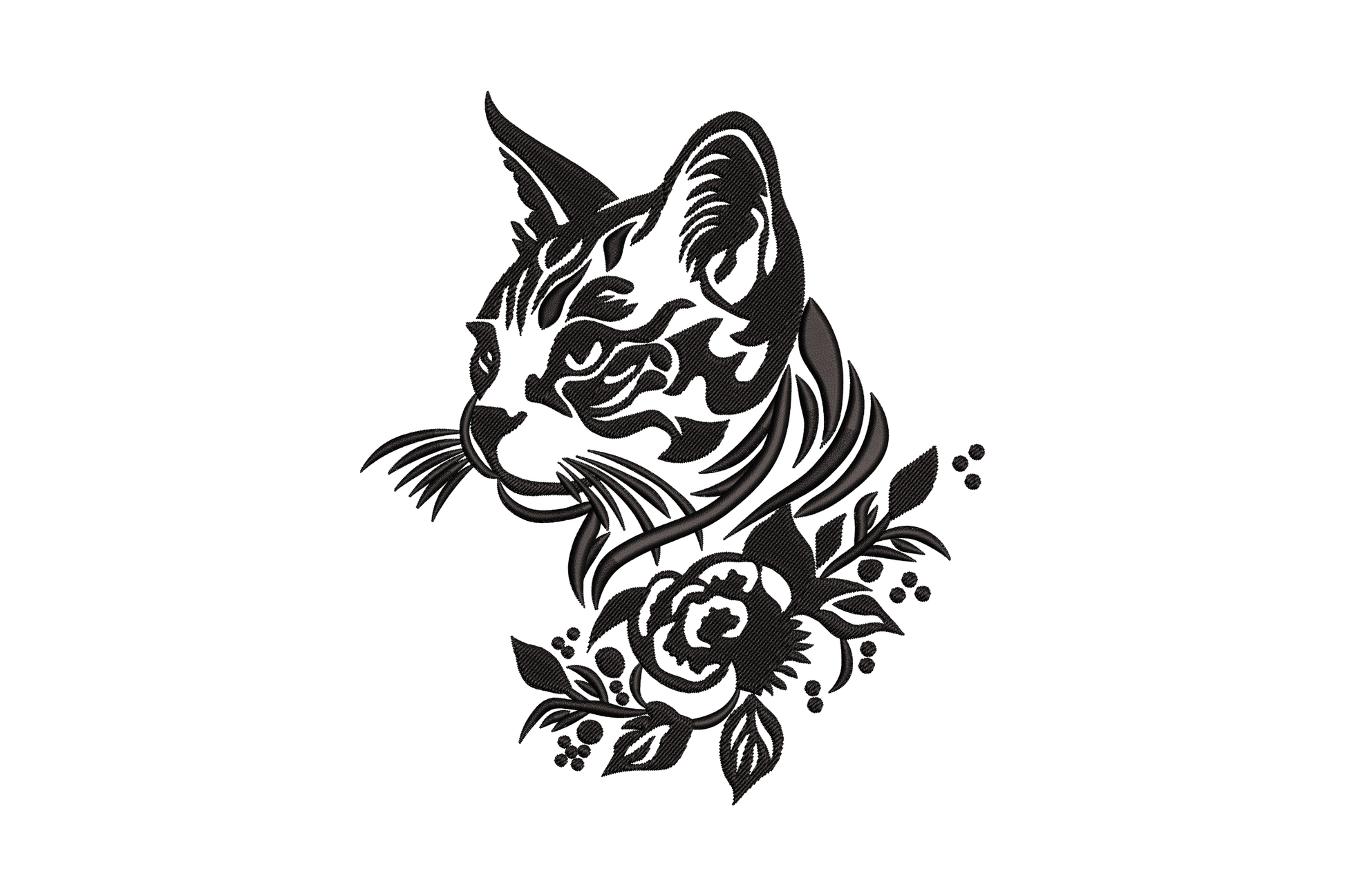 Floral cat embroidery design, blackwork cat head in profile with open rose and leaf cluster at chest, detailed fur hatching, black on white.