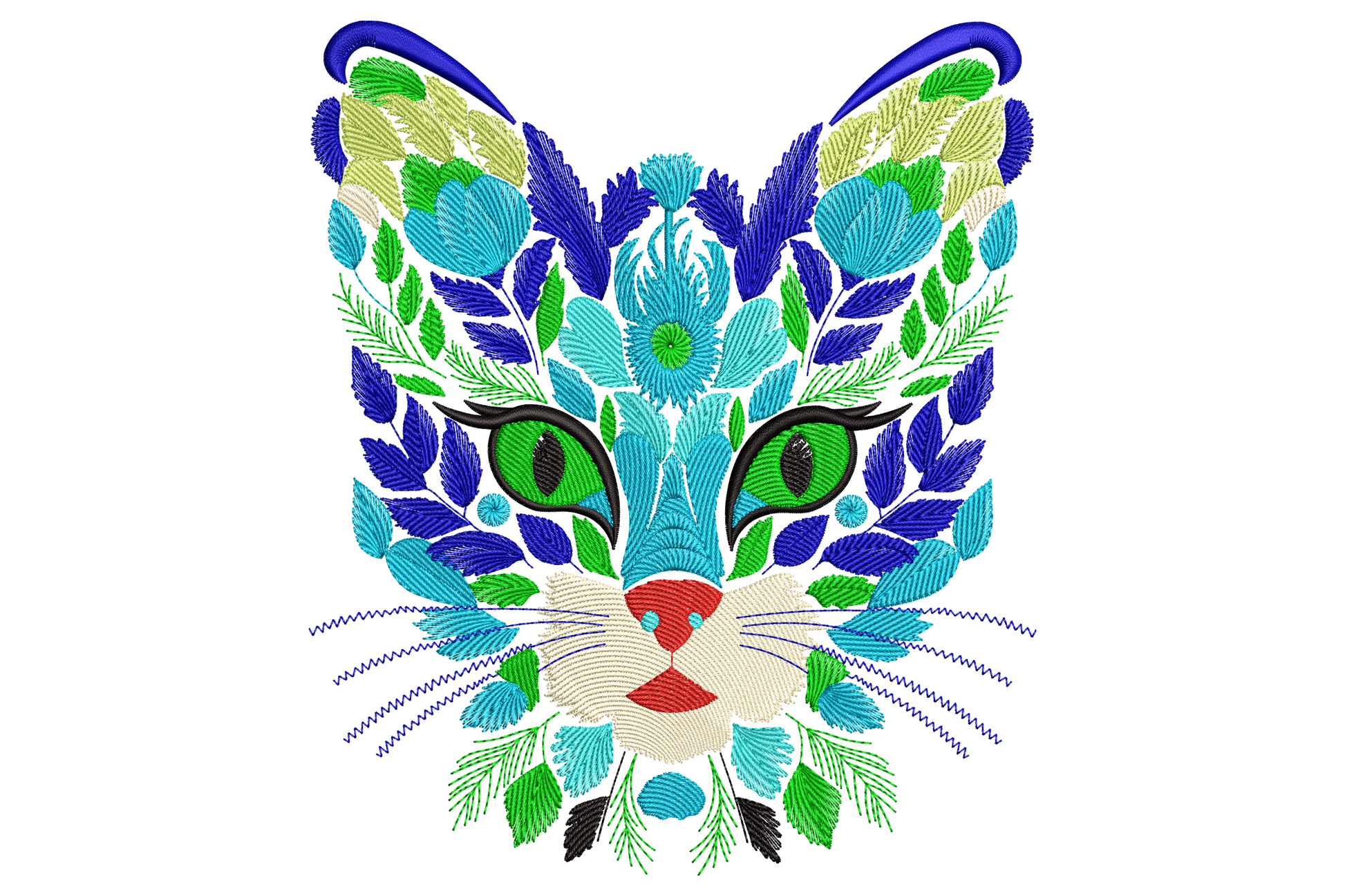 Floral cat face embroidery, stylised kitty made of blue and turquoise leaves and flowers, lime green eyes, pink heart nose