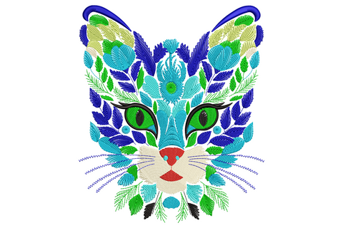 Floral cat face embroidery, stylised kitty made of blue and turquoise leaves and flowers, lime green eyes, pink heart nose