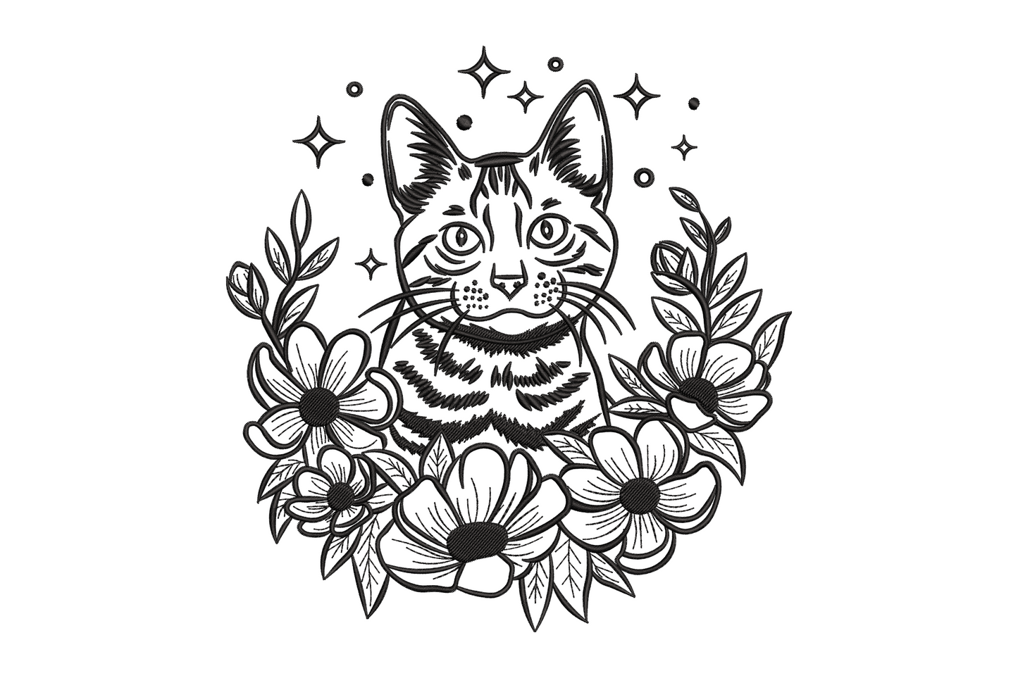 Floral cat portrait embroidery with tabby cat face in daisy and leaf botanical wreath, single colour tattoo-style line art