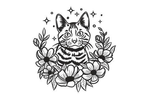 Floral cat portrait embroidery with tabby cat face in daisy and leaf botanical wreath, single colour tattoo-style line art