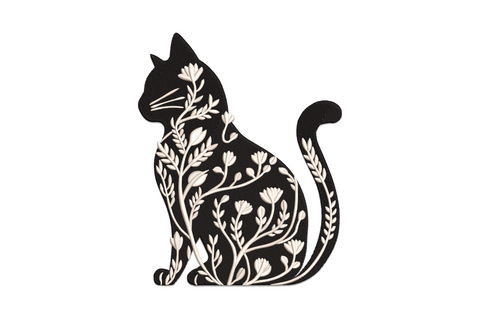 Floral cat silhouette embroidery, seated black cat body filled with cream botanical stems and daisy flowers, 2 colour folk-art style.