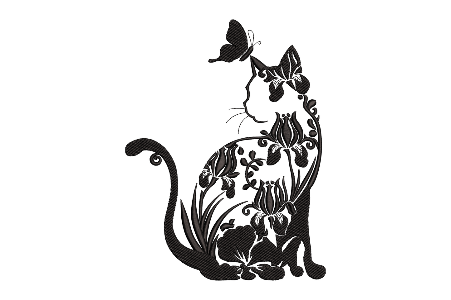 Floral cat silhouette embroidery, black cat body filled with iris and tulip botanical blooms and vines, small butterfly above head.