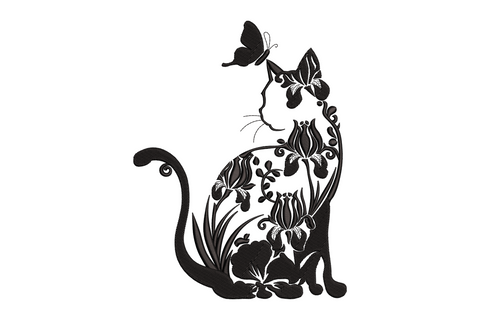 Floral cat silhouette embroidery, black cat body filled with iris and tulip botanical blooms and vines, small butterfly above head.