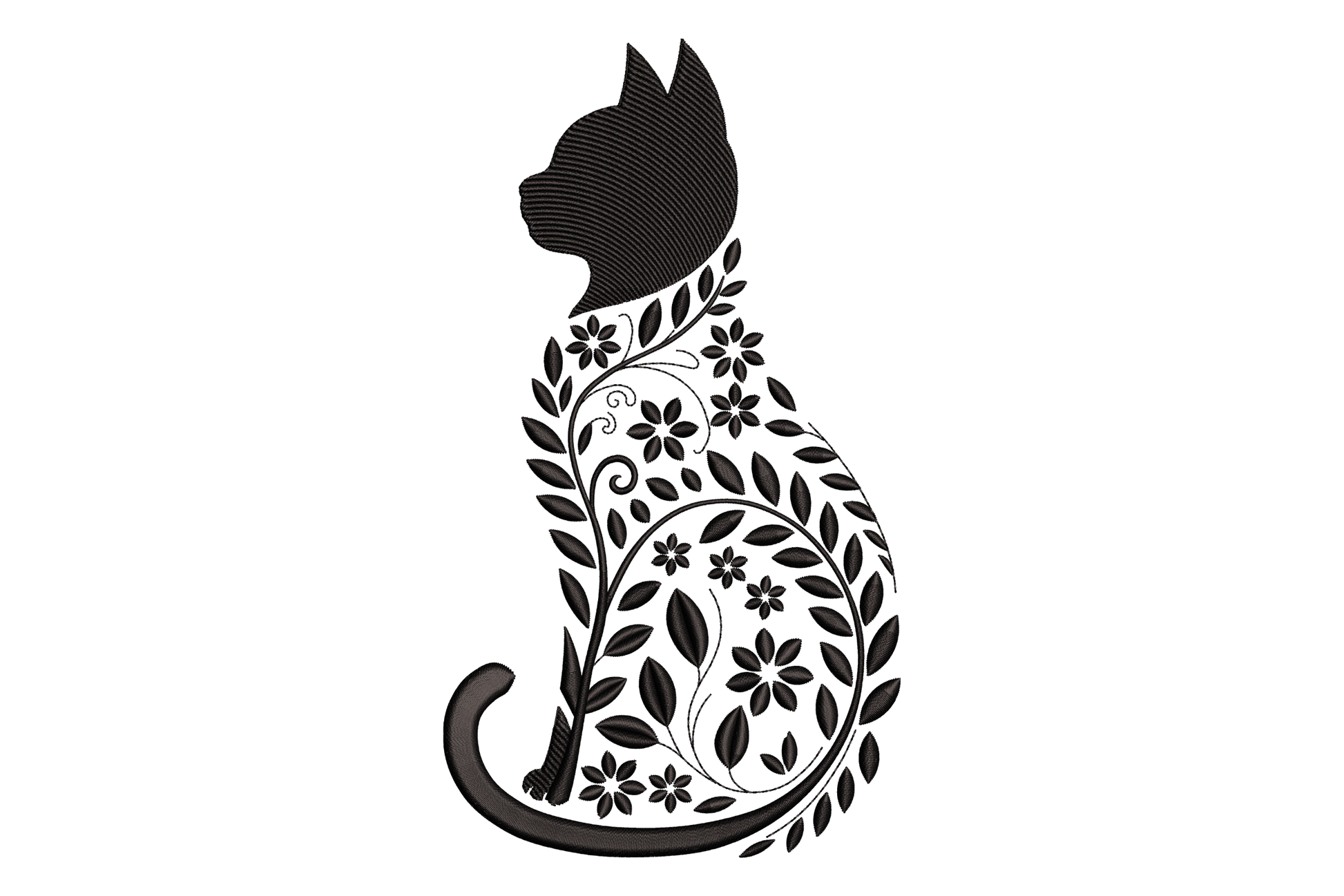 Decorative black silhouette of a cat with floral patterns on a white background