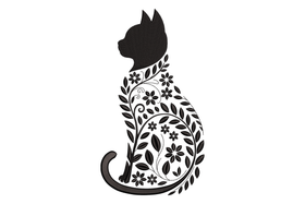 Floral Cat Silhouette Embroidery Design, Machine Embroidery Pattern, Instant Download