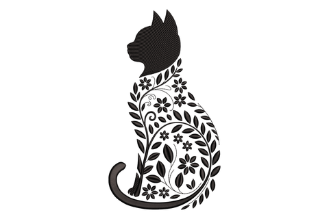 Decorative black silhouette of a cat with floral patterns on a white background