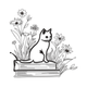 Floral Cat on Books Line Art Embroidery Design, Instant Download