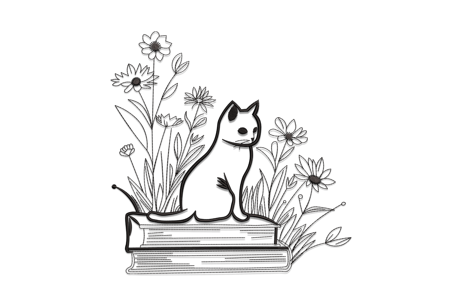 Line art cat seated on a book surrounded by wildflower daisy stems embroidery design in single colour sketch style