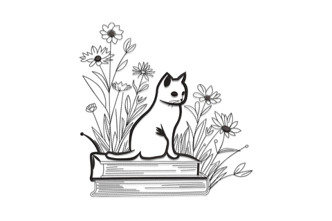 Line art cat seated on a book surrounded by wildflower daisy stems embroidery design in single colour sketch style