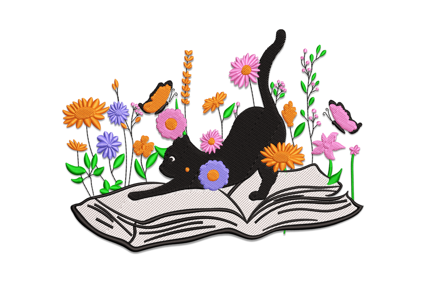 Black cat sprawled on an open book embroidery design with colourful wildflowers in orange purple pink and two butterflies